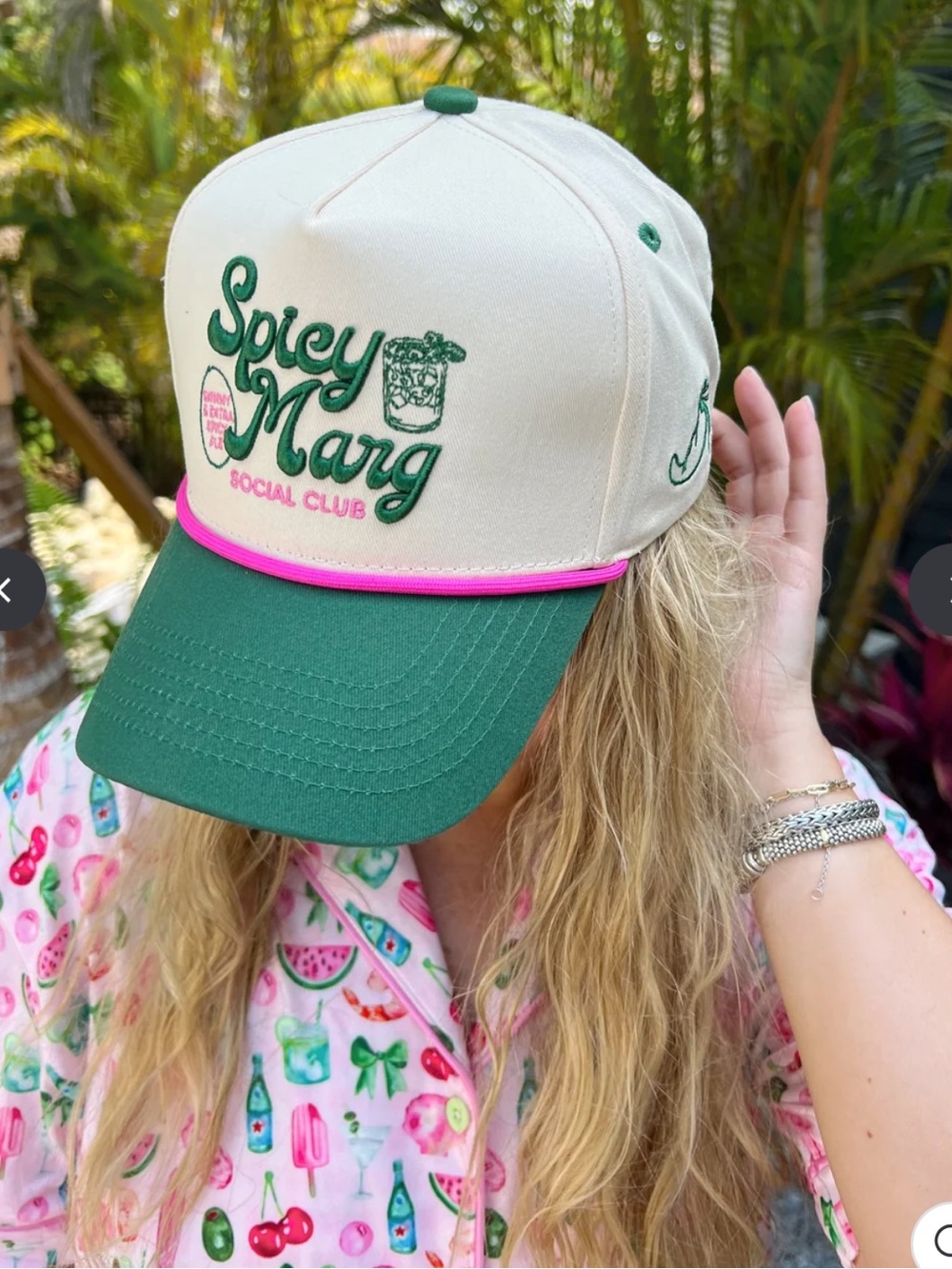 Kenz Kustomz Spicy Marg Social Club Cream Green Pink Trucker Hat NWT
